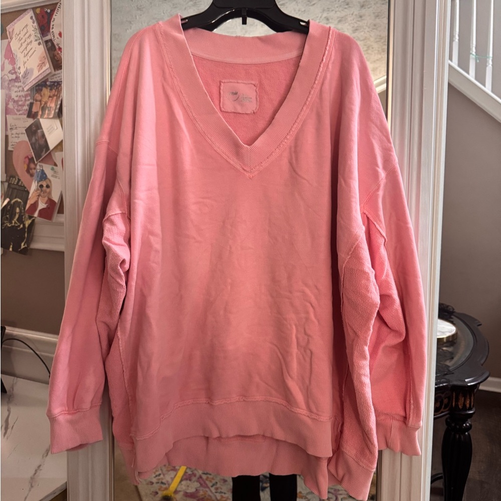 Aerie Off-the-Shoulder Coral/Peach V-Neck Sweater - Picture 2 of 6